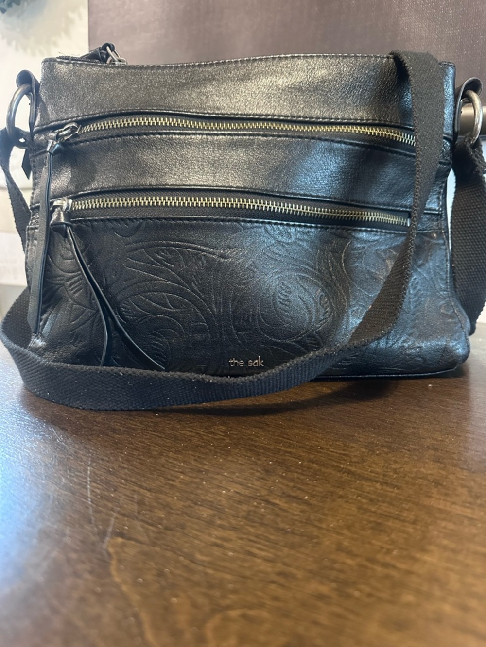 The Sak Black Embossed Leather Crossbody with Dual Zips